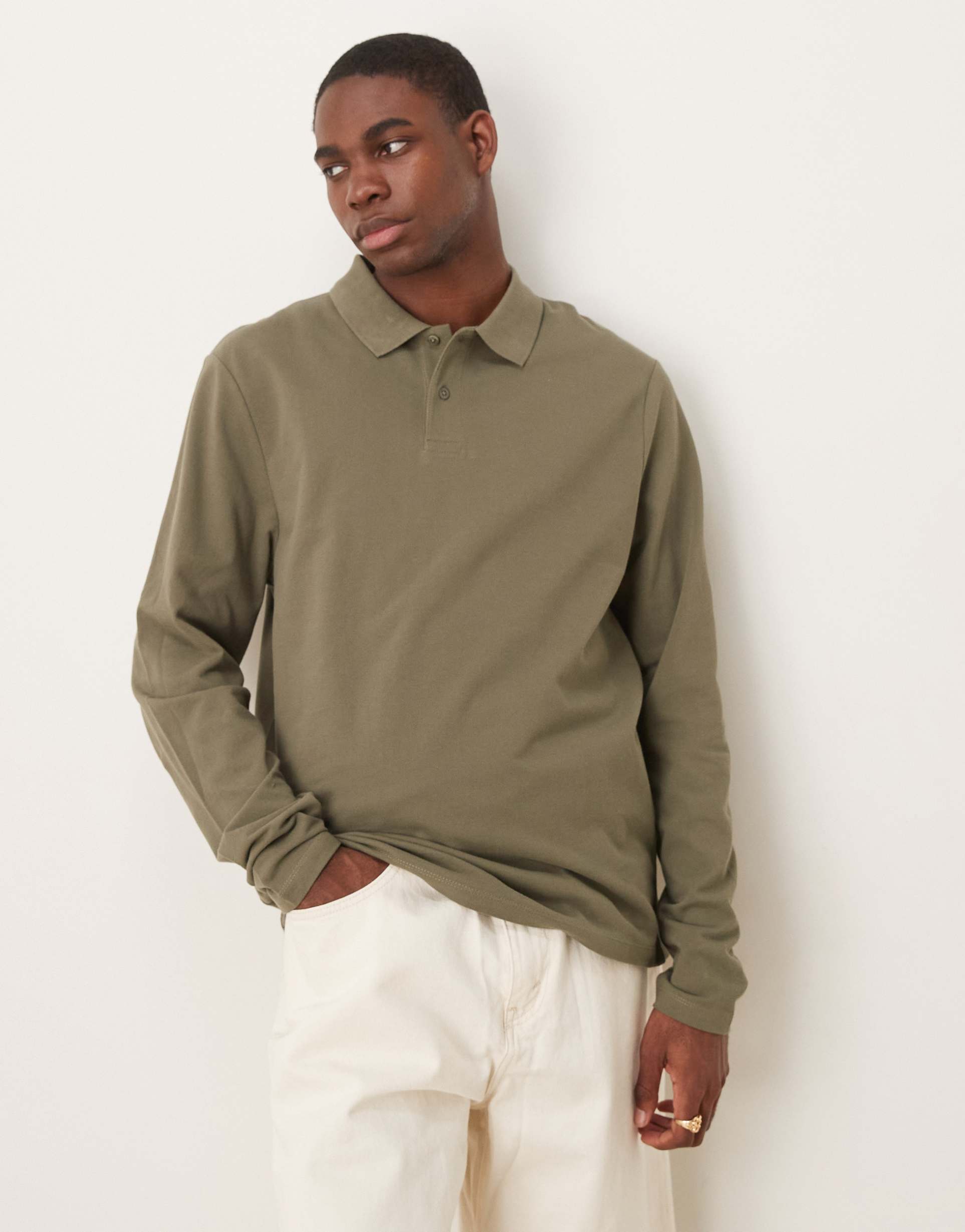 ASOS DESIGN essentials long sleeve polo in khaki pique